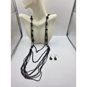 SET Multi Strand Black Chains/ Black Beads Necklace w/ Matching Dangle Earrings